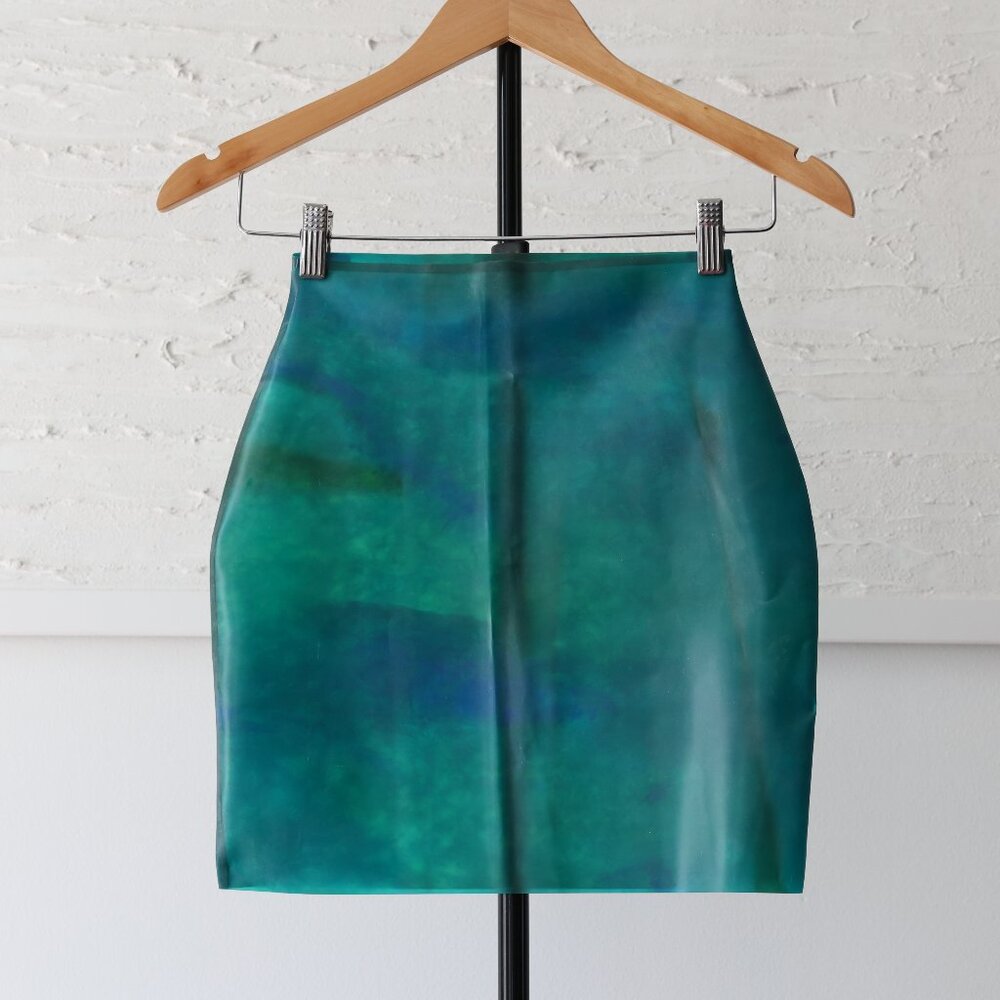 Shhh Couture Latex Mini Skirt in Dark Green Teal Blue Marble - UK 8 (US 4 Small)